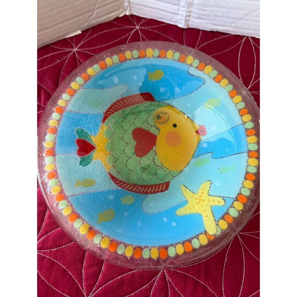 Peggy Karr Signed Bowl Handmade Fused Glass Retired Fish Frolics Collection Vtg